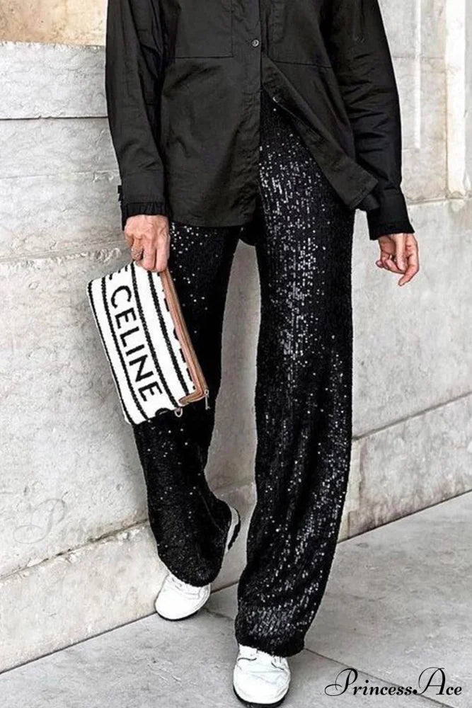 Sequin Long Straight Pants Black / L