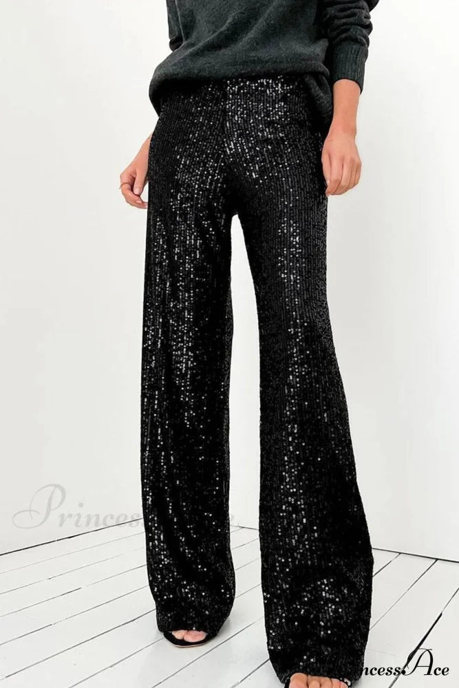 Sequin Long Straight Pants Black / M