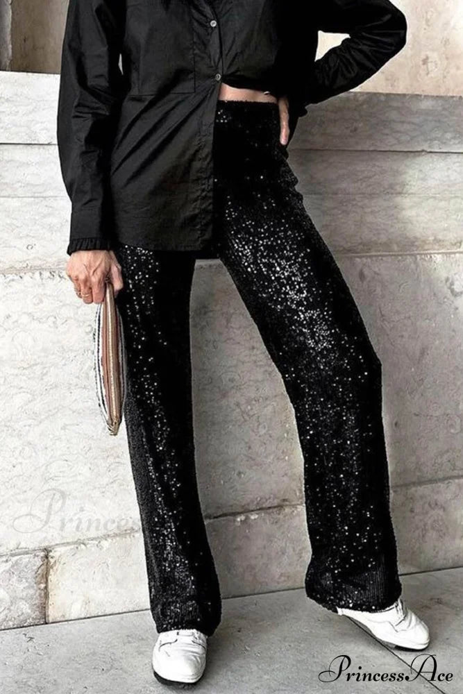 Sequin Long Straight Pants Black / S