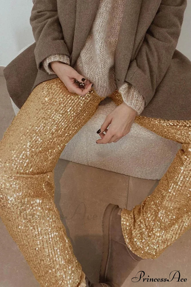 Sequin Long Straight Pants Gold / L