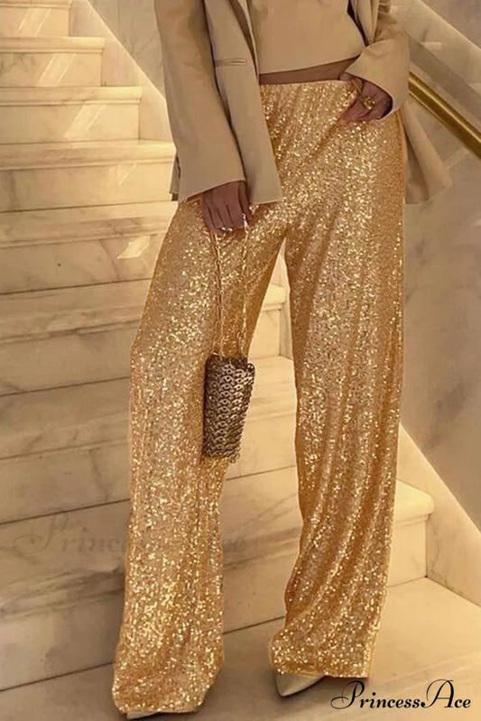 Sequin Long Straight Pants Gold / M