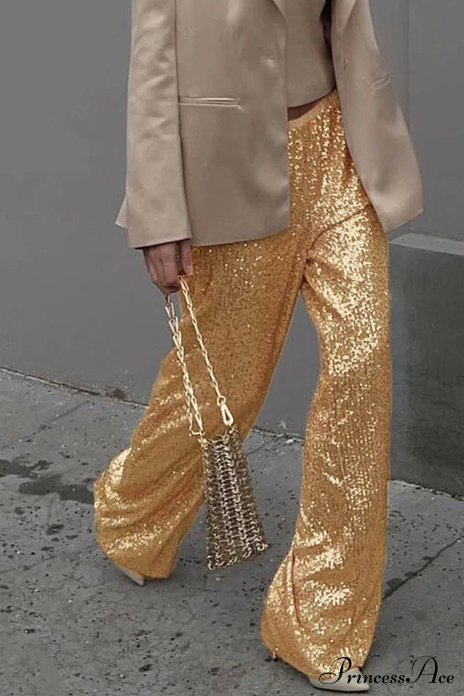 Sequin Long Straight Pants Gold / S