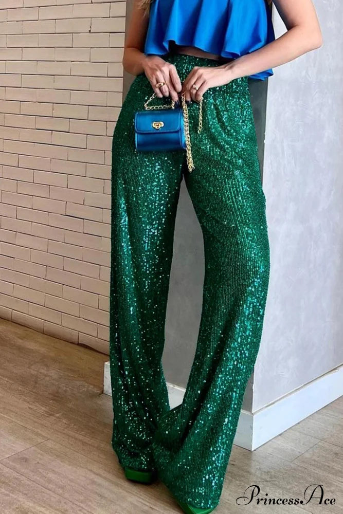 Sequin Long Straight Pants Green / L