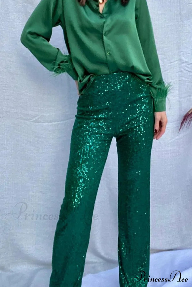 Sequin Long Straight Pants Green / M