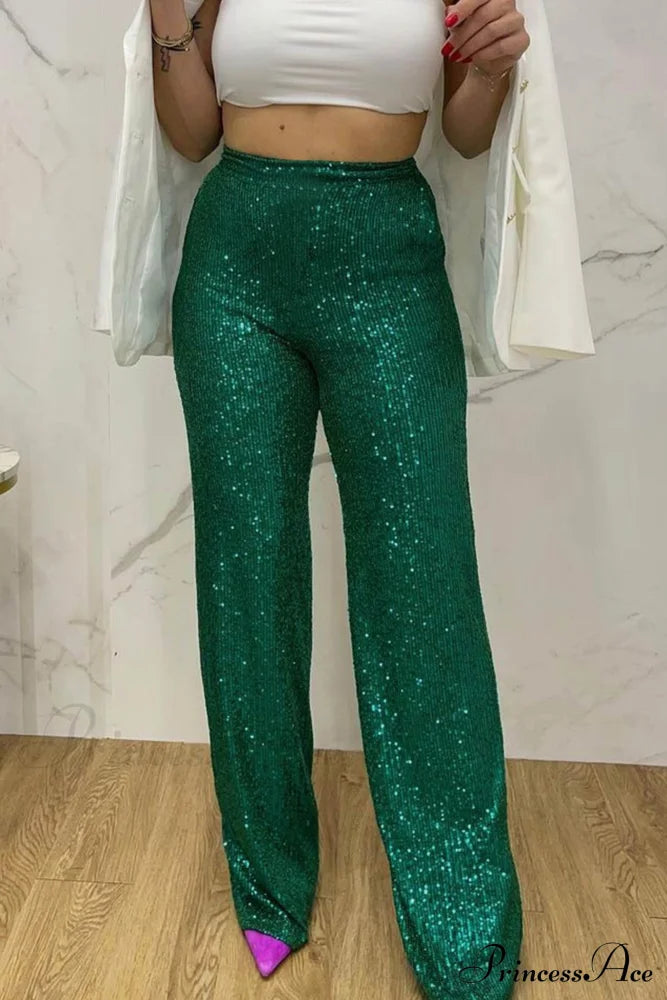 Sequin Long Straight Pants Green / S