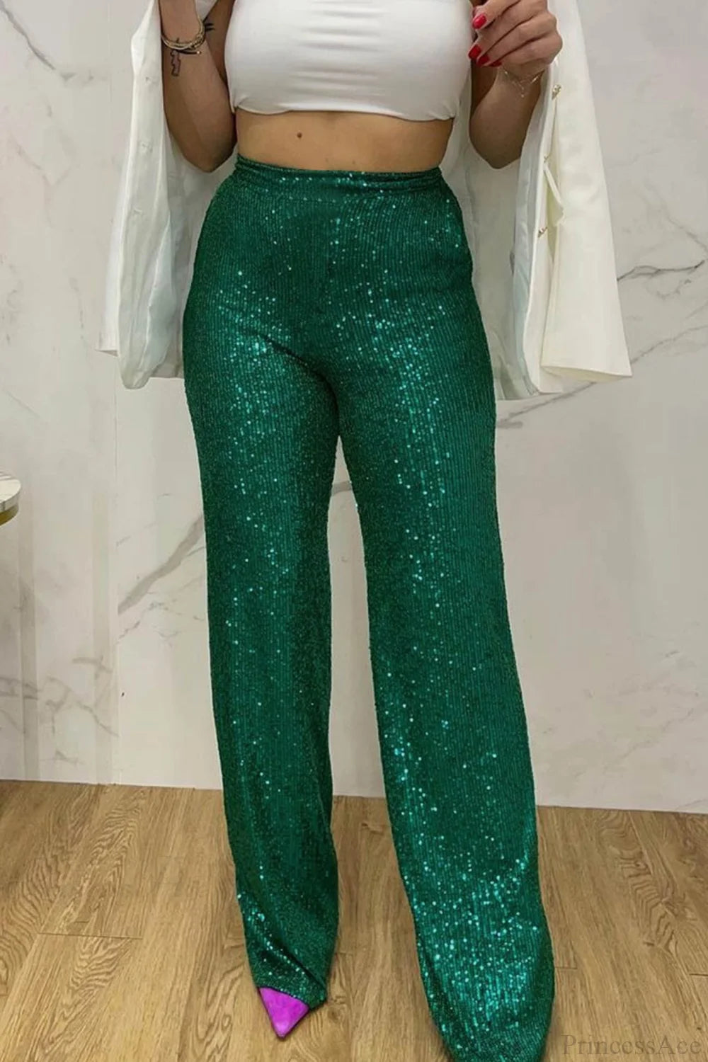Sequin Long Straight Pants Green / S