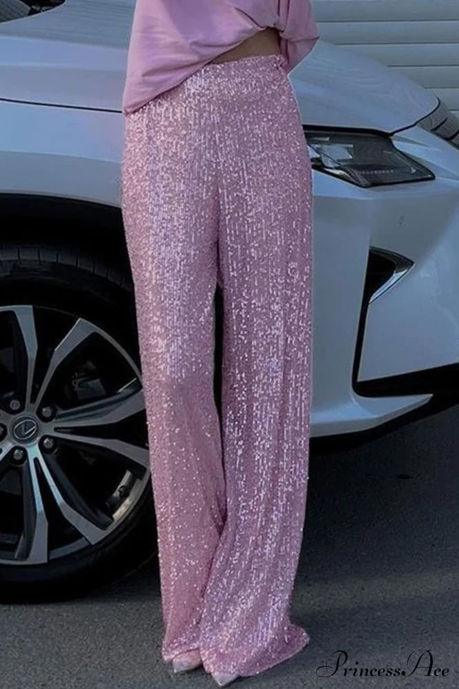 Sequin Long Straight Pants Pink / S