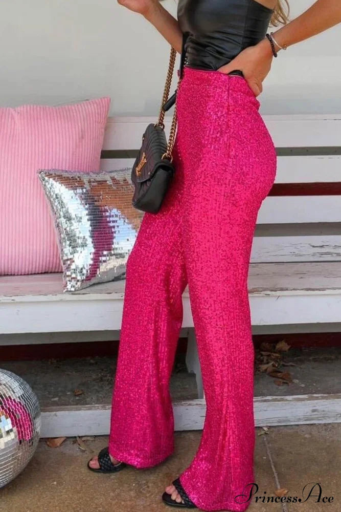 Sequin Long Straight Pants Rose / M