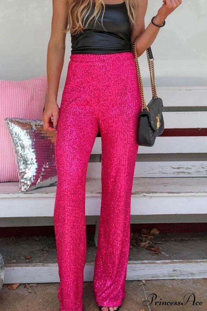 Sequin Long Straight Pants Rose / S