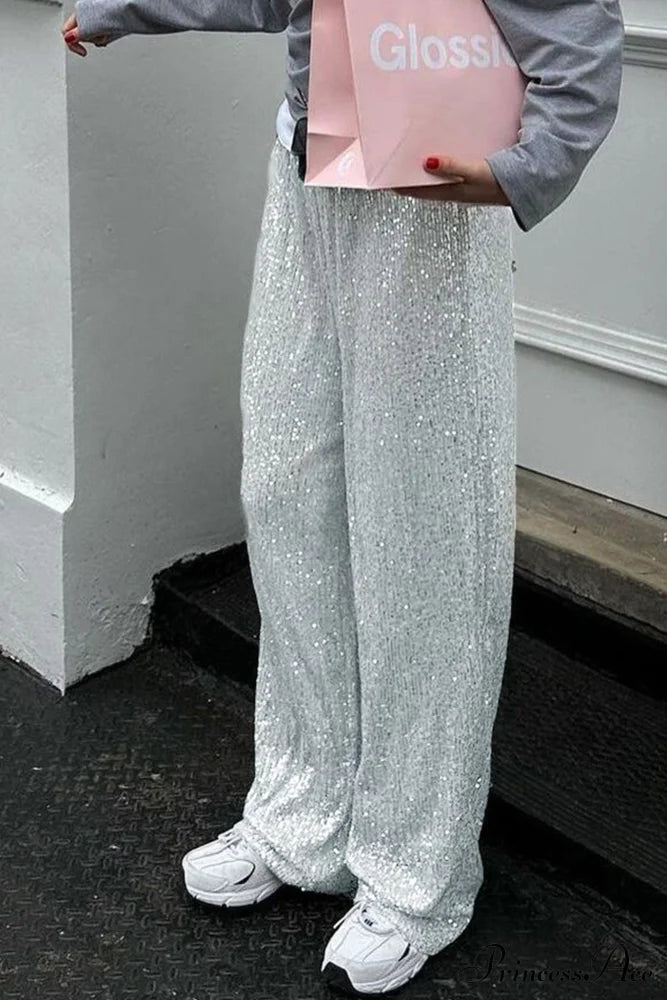 Sequin Long Straight Pants Silver / M