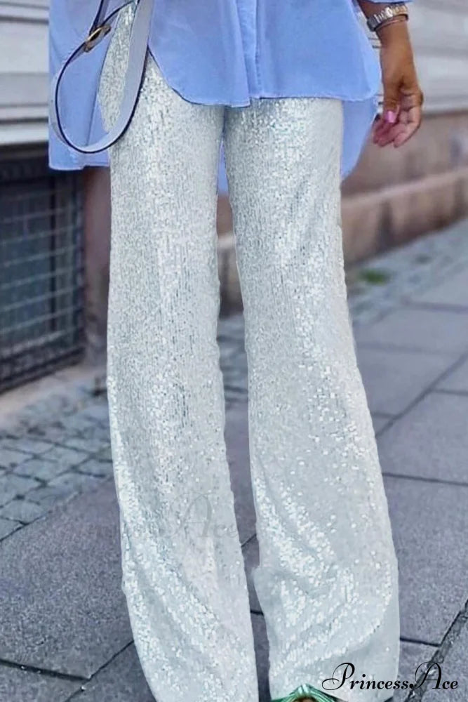 Sequin Long Straight Pants Silver / S