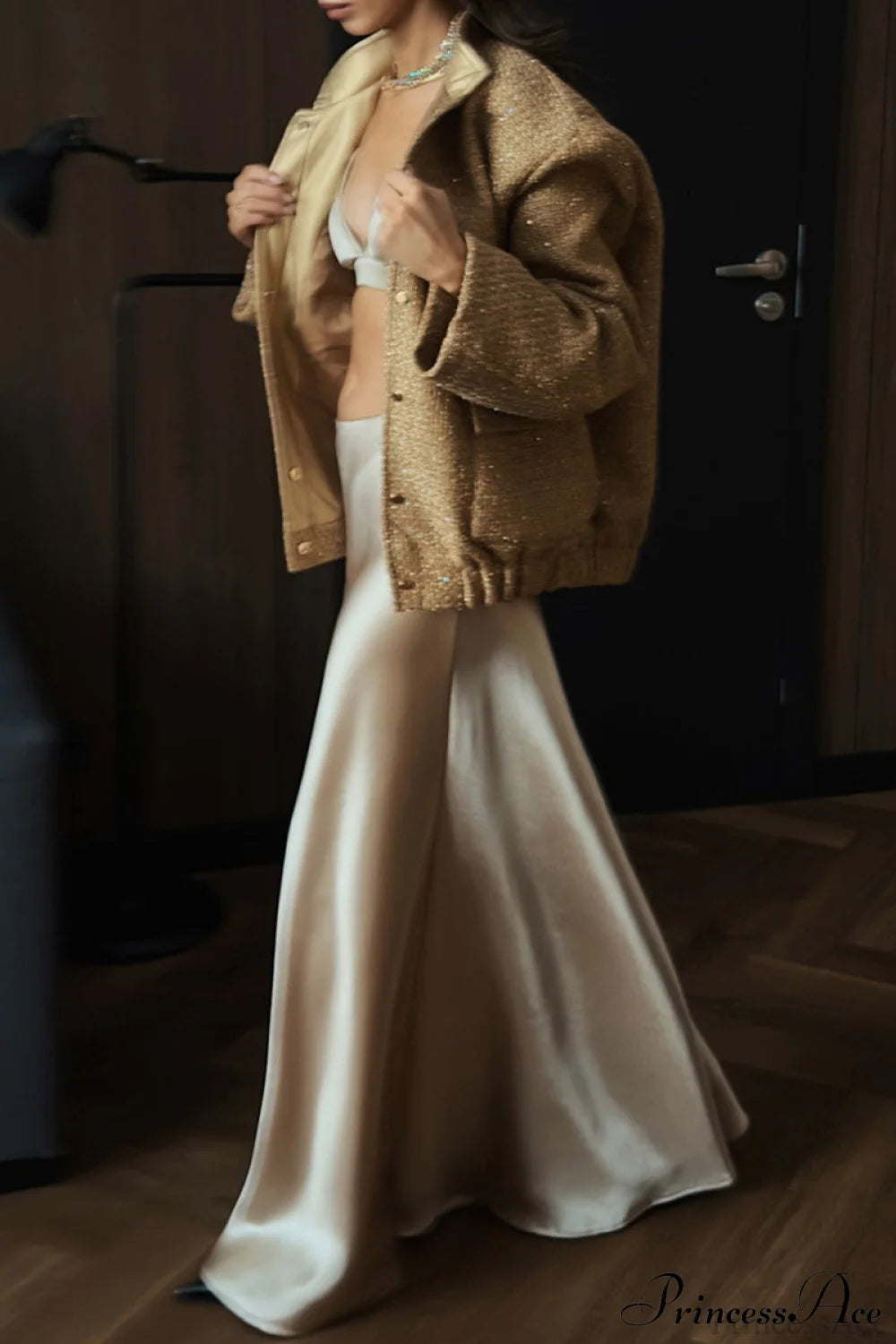 Sequin Metallic Stand Collar Loose Fashion Coat