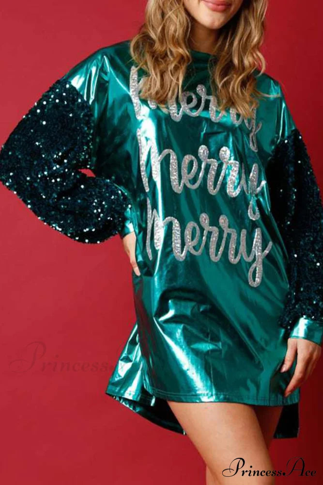 Sequin Sleeve Letter Graphic Dress Green / S Mini Dresses