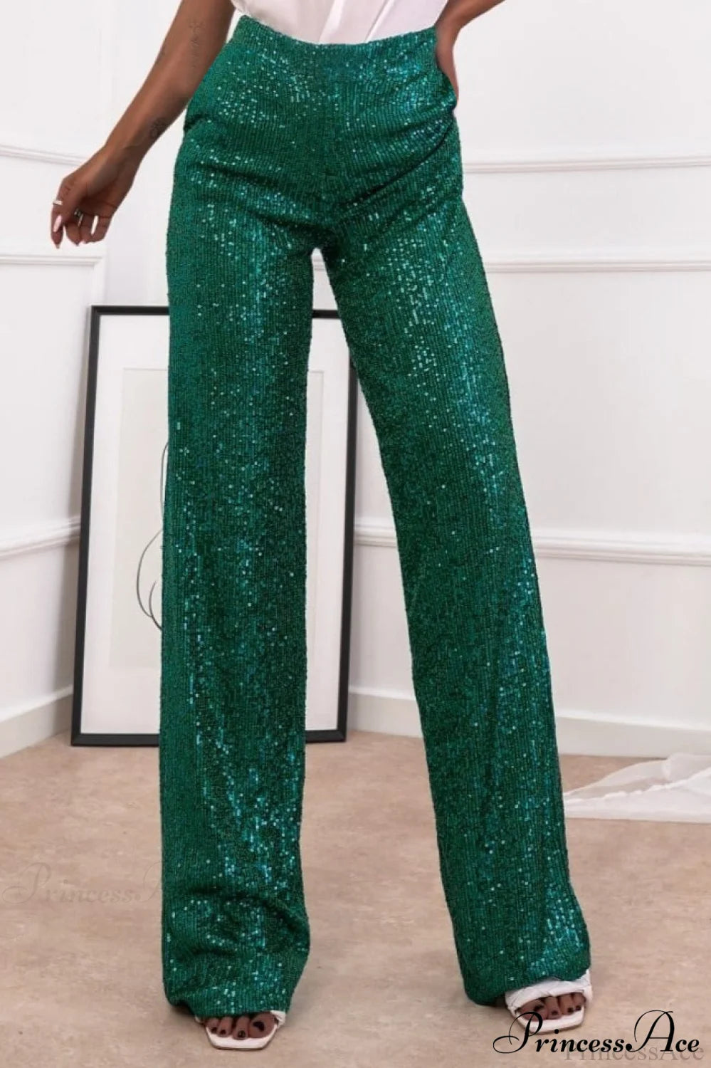 Sequin Slim-Fit Straight Casual Pants Green / S