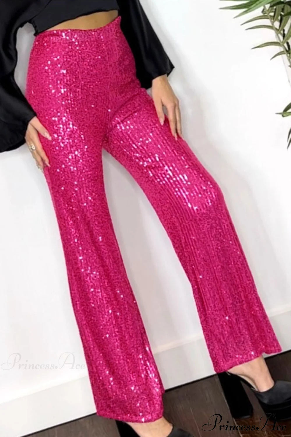 Sequin Slim-Fit Straight Casual Pants Rose Red / S