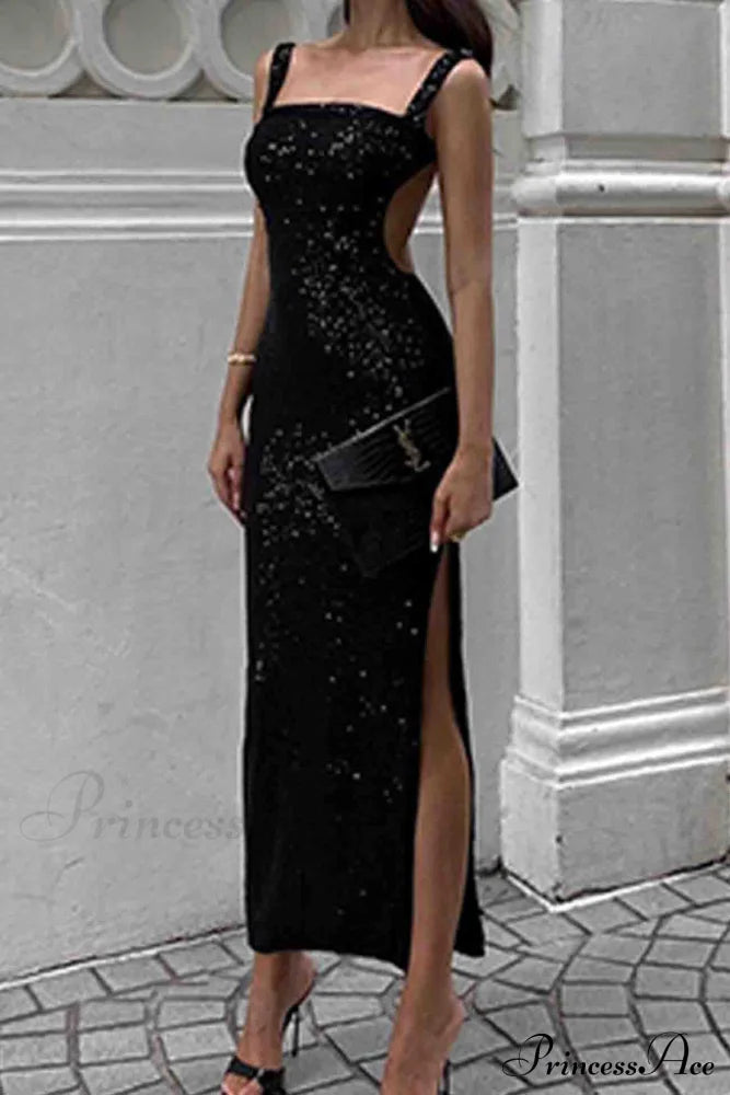 Sequined Backless Dress With Irregular Straps Midi Dresses