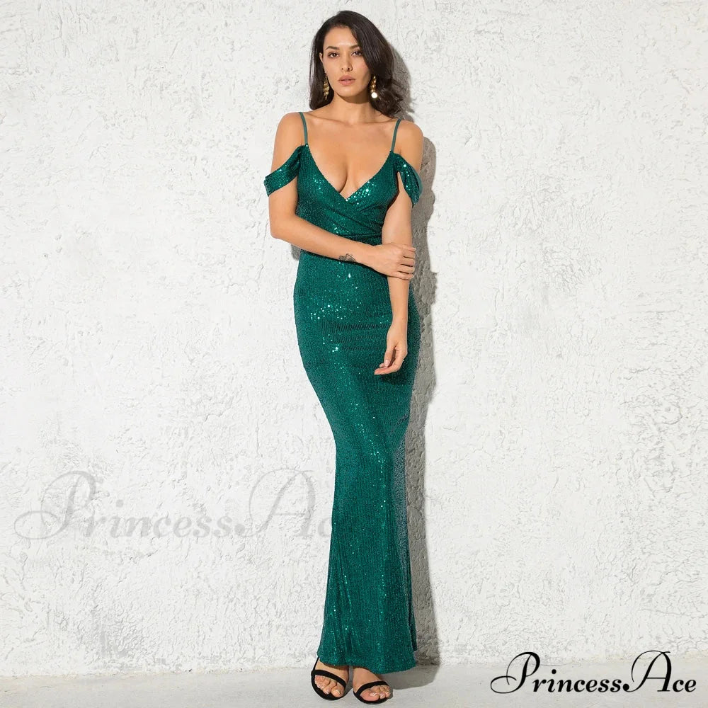 Sequined Deep V Maxi Party Dress Green / Xs Partydress-241208