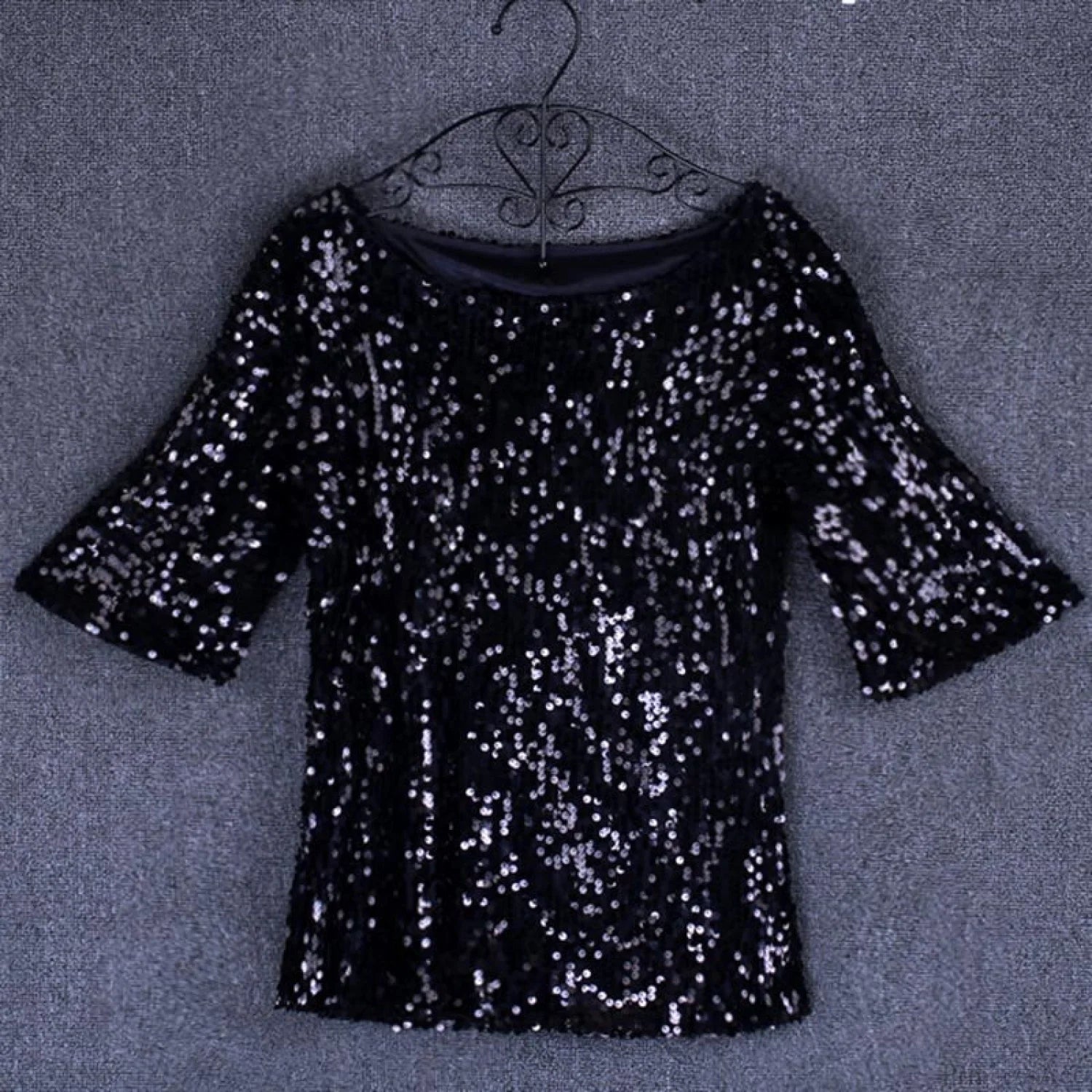 Sequined Embroidered Half Sleeve Oversized Shirt Black / S