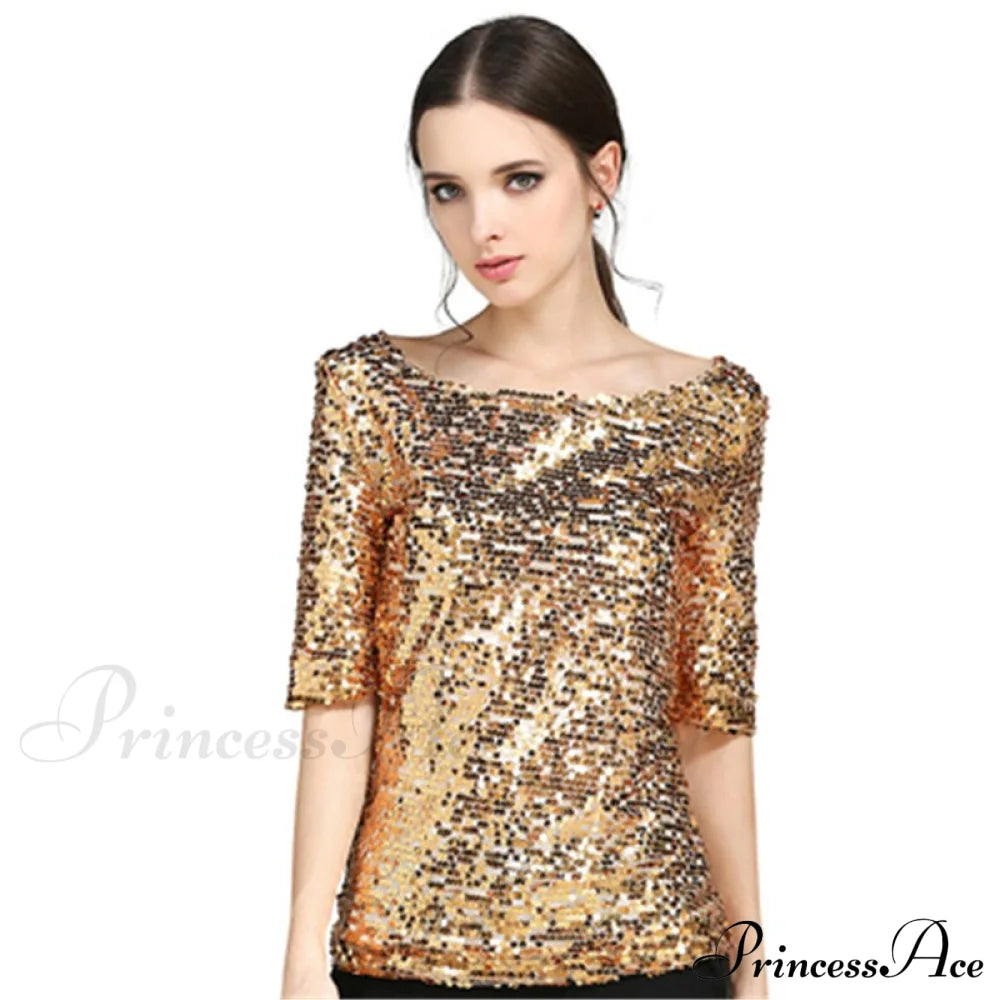 Sequined Embroidered Half Sleeve Oversized Shirt Gold / S