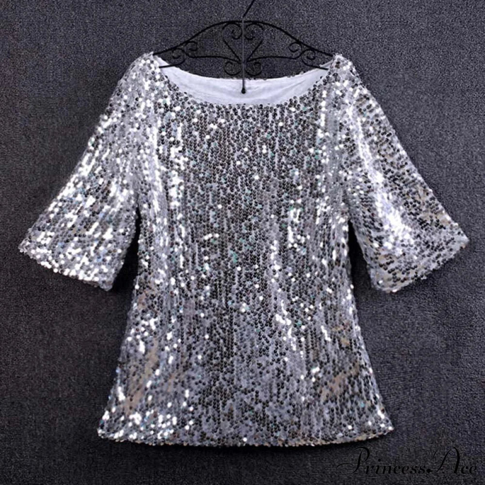 Sequined Embroidered Half Sleeve Oversized Shirt Silver / S