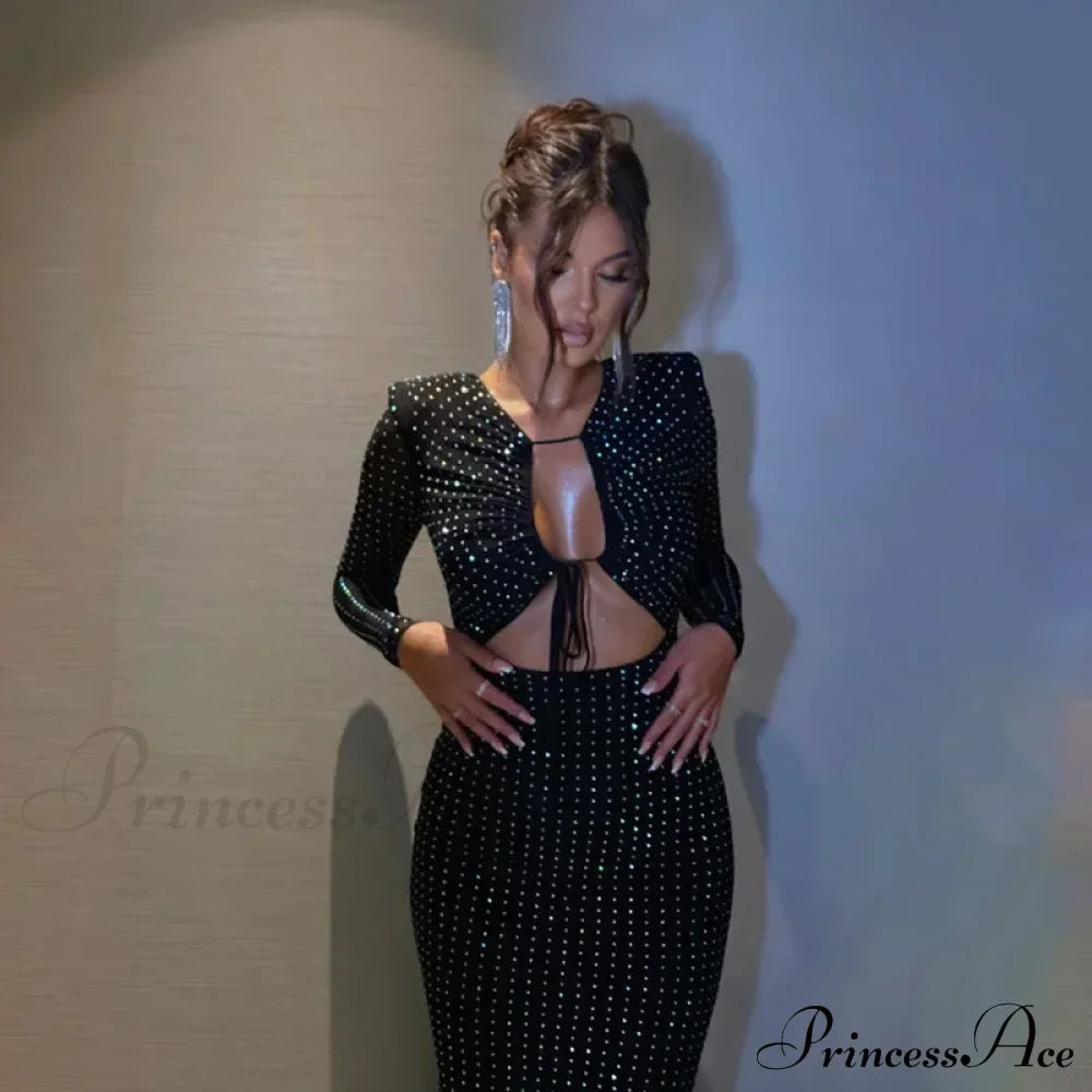 Sequined Hollow Long-Sleeved Body-Hugging Party-Ready Clubwear Sensual Midi Dress