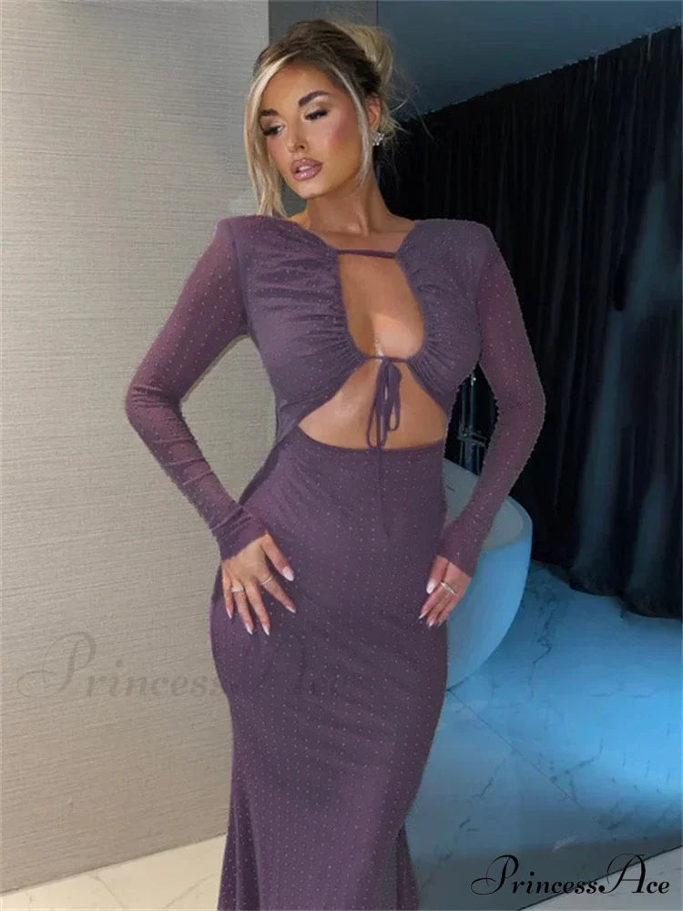 Sequined Hollow Long-Sleeved Body-Hugging Party-Ready Clubwear Sensual Midi Dress Purple / S