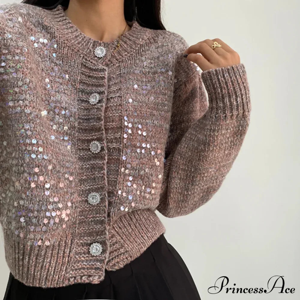 Sequined Knit Long Sleeve Cardigan Cardigan-241208