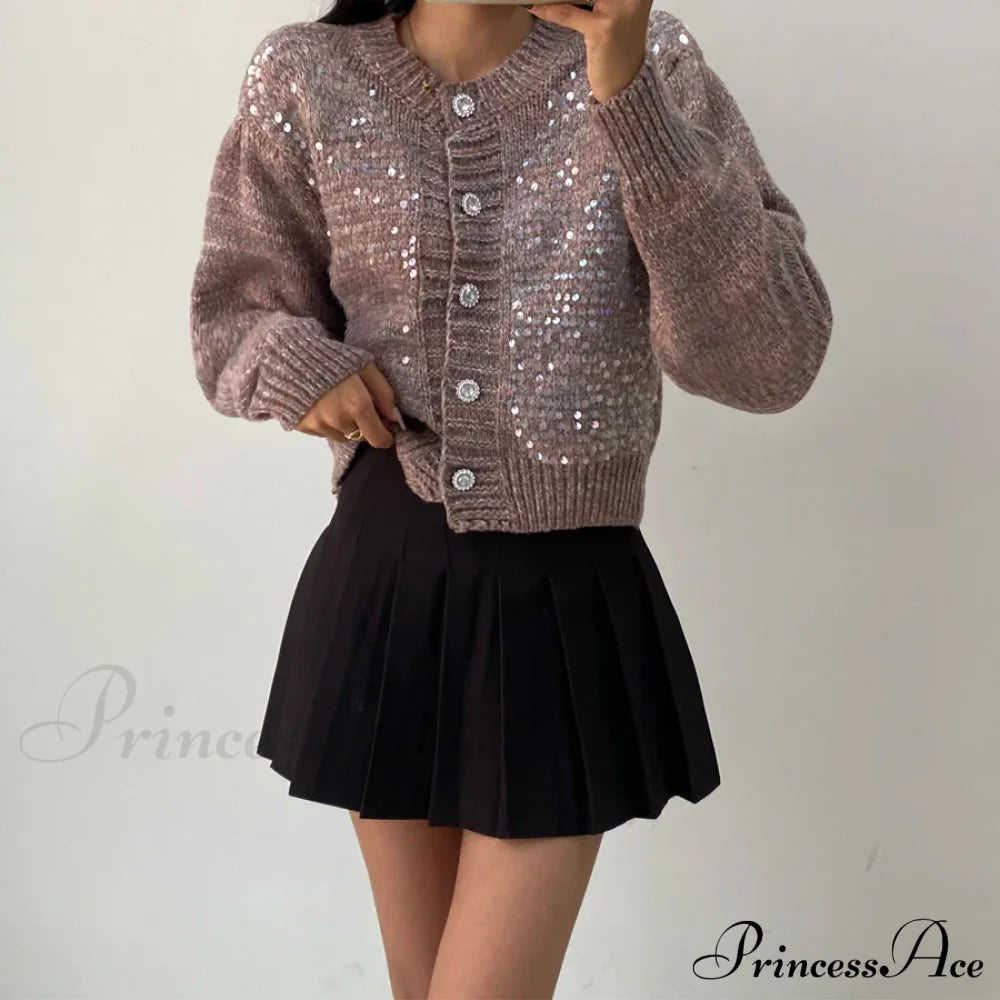 Sequined Knit Long Sleeve Cardigan Coffee / One Size Cardigan-241208