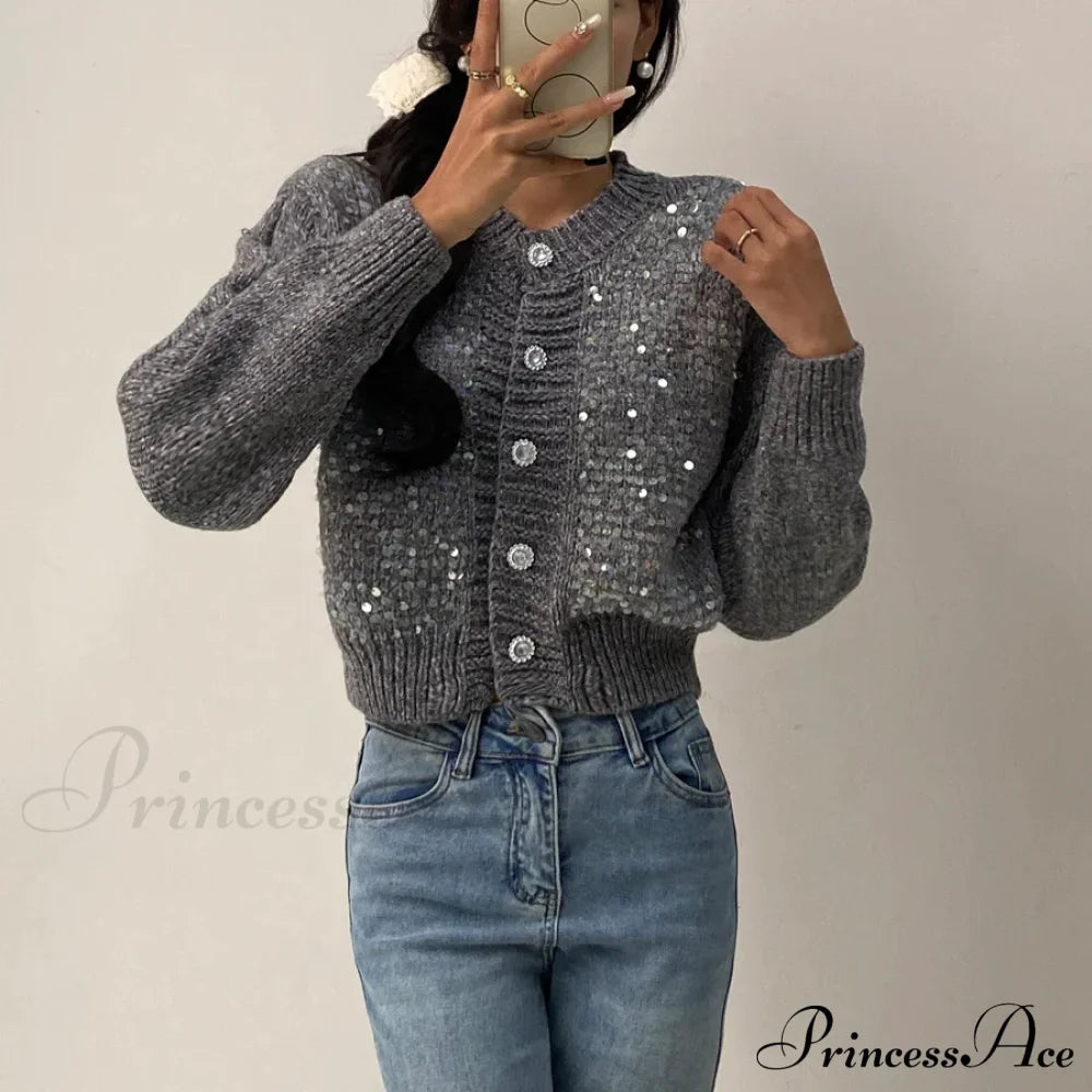 Sequined Knit Long Sleeve Cardigan Gray / One Size Cardigan-241208