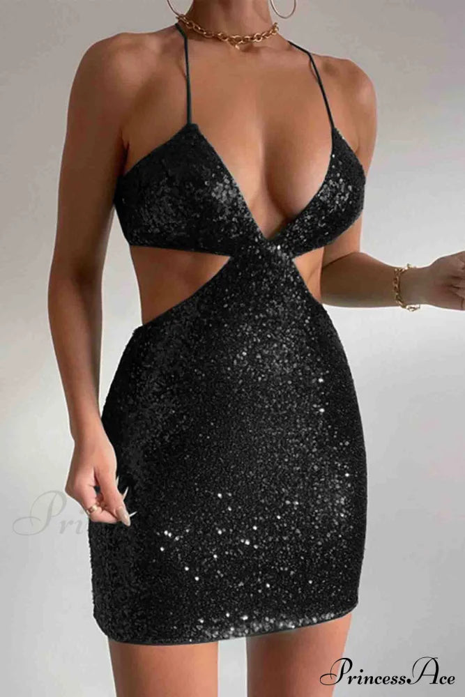 Sequined V Neck Backless Cutout Dress Black / M Mini Dresses