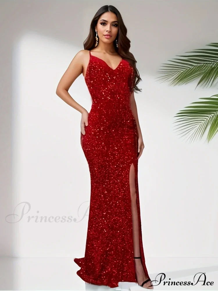 Sequined V-Neck Backless Party Dress Partydress-241208