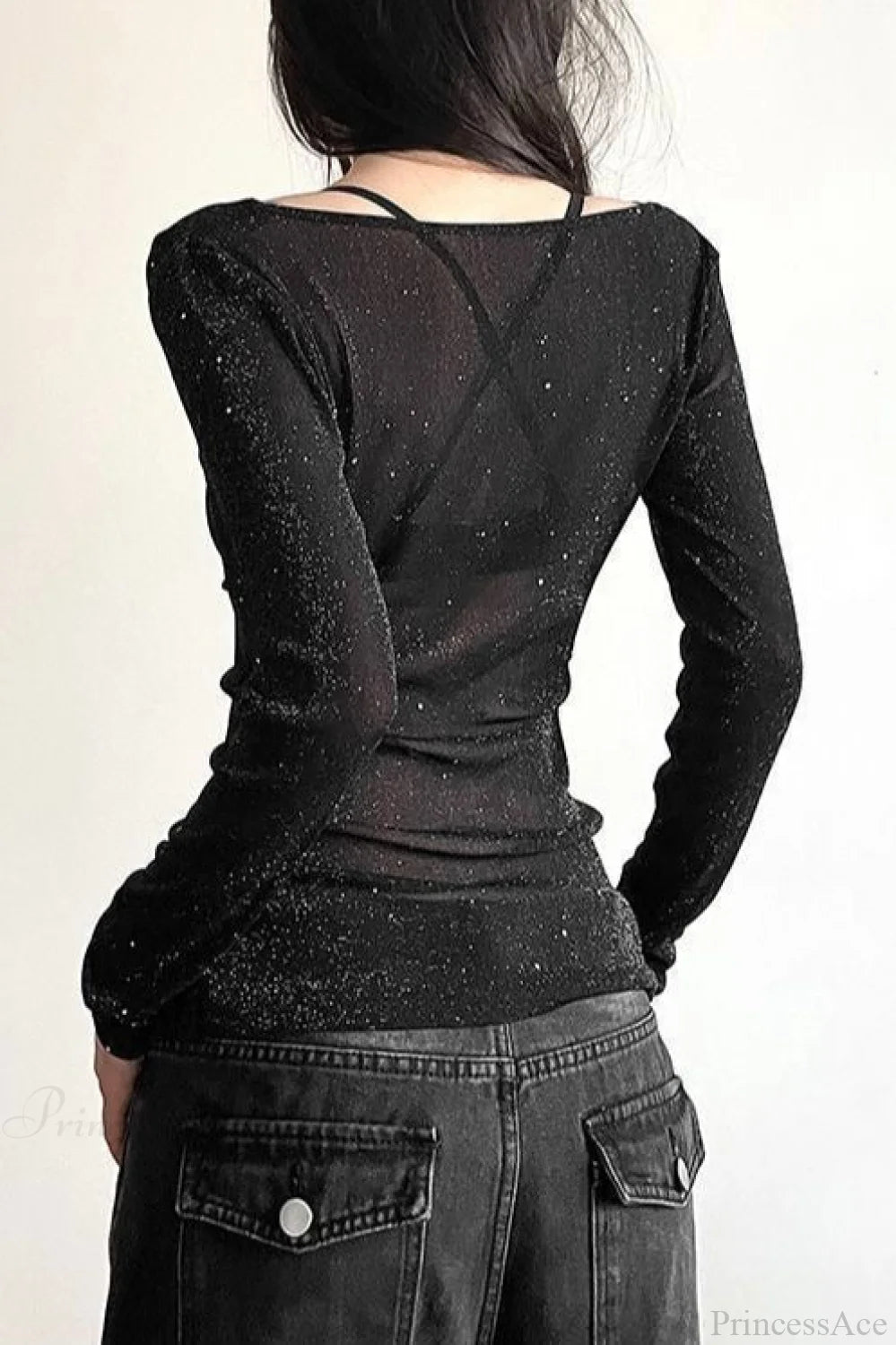 Sequined V-Neck Slim Elegant Long Sleeve Tee