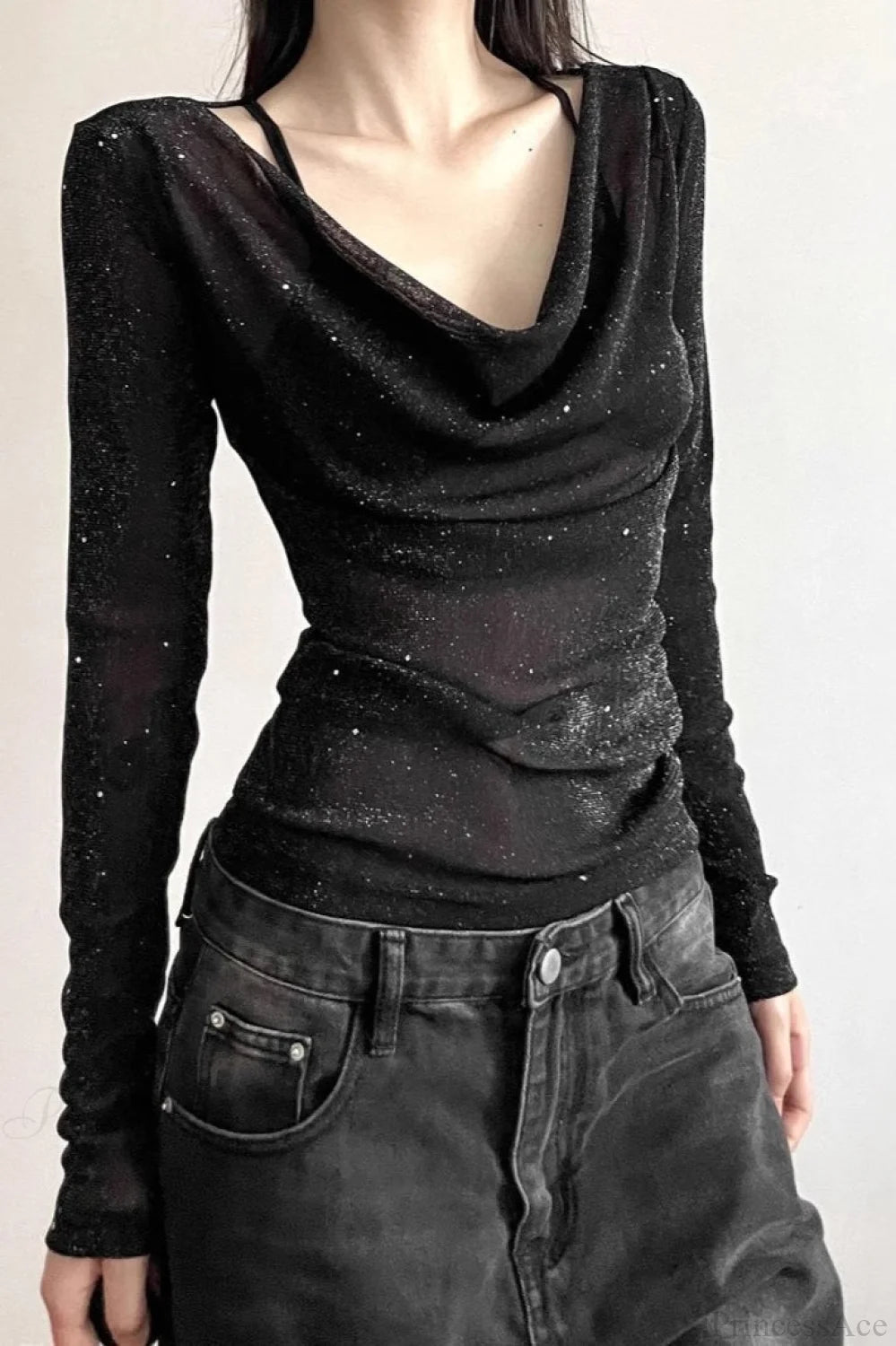 Sequined V-Neck Slim Elegant Long Sleeve Tee Black / S