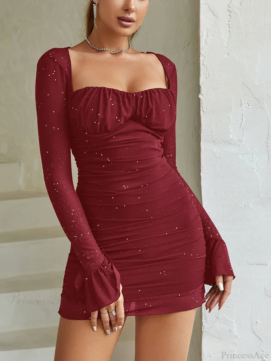 Sequins Backless Mini Party Dress Wine / S Partydress-241208