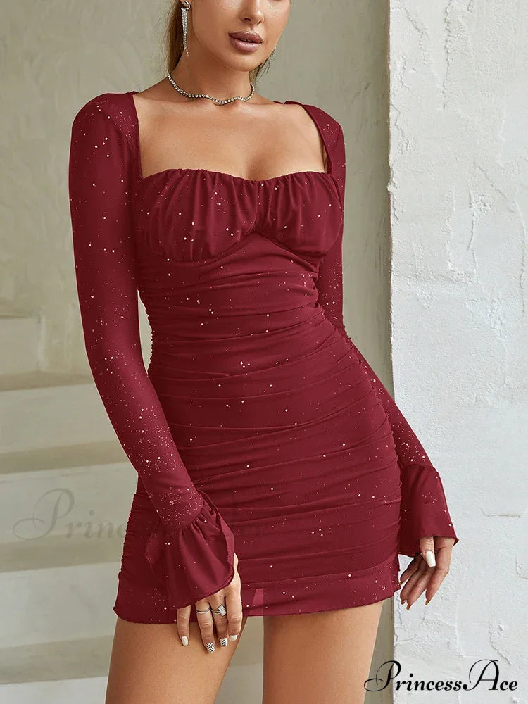 Sequins Backless Mini Party Dress Wine / S Partydress-241208