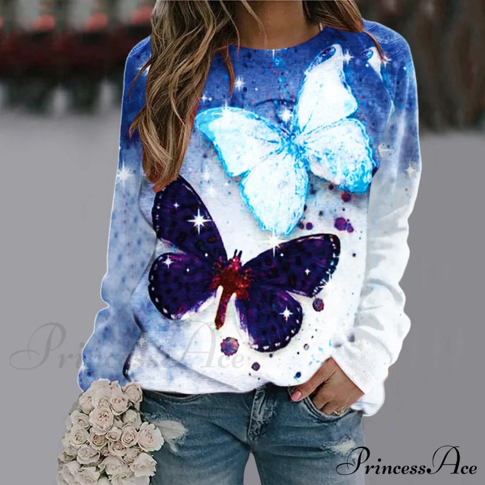 Sequins Butterfly 3D Printed O Neck Long Sleeve Sweatshirt 2-Blue / S