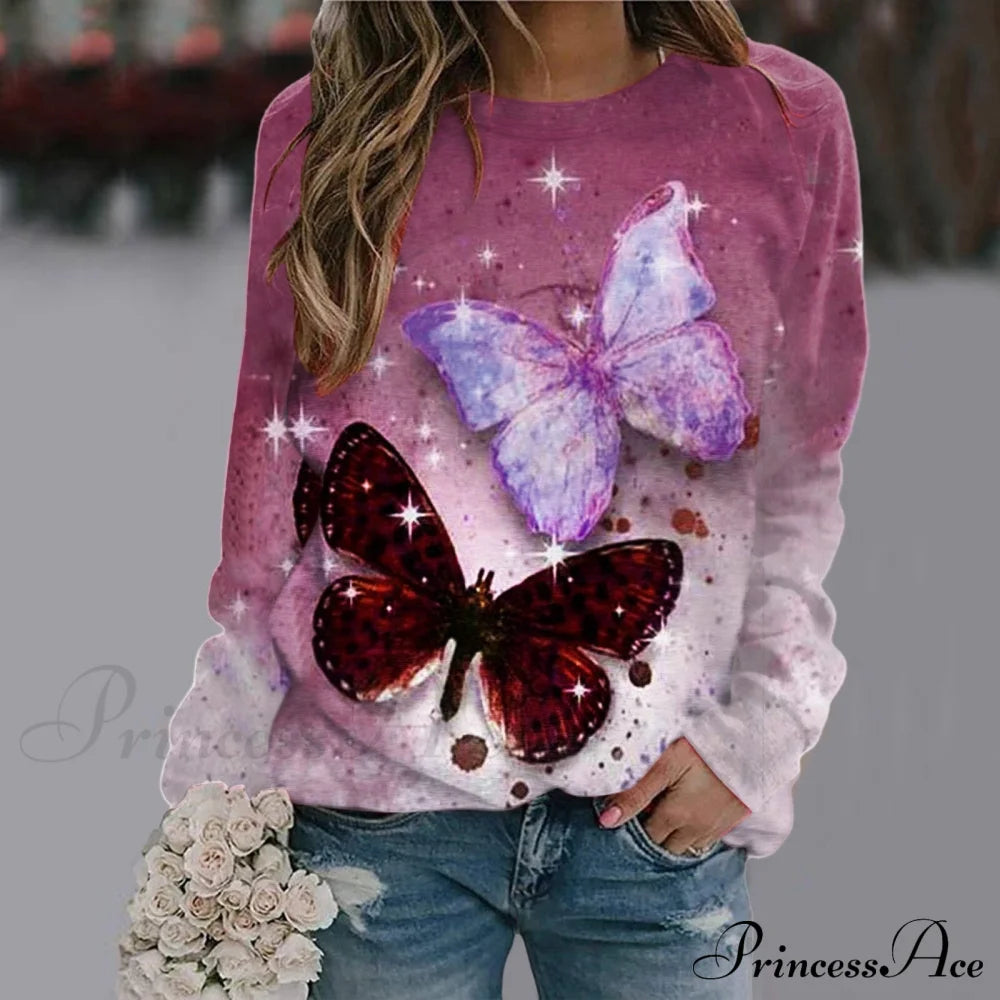 Sequins Butterfly 3D Printed O Neck Long Sleeve Sweatshirt 2-Pink / S