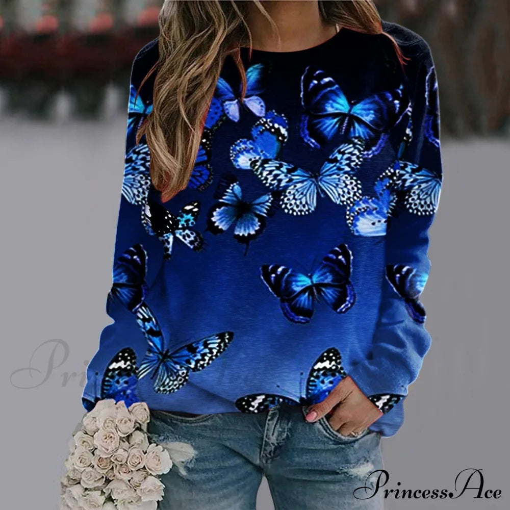 Sequins Butterfly 3D Printed O Neck Long Sleeve Sweatshirt 3-Blue / S