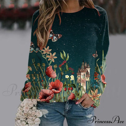 Sequins Butterfly 3D Printed O Neck Long Sleeve Sweatshirt 3-Green / S