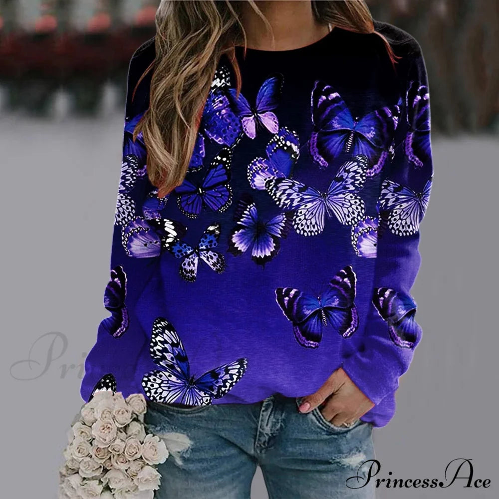 Sequins Butterfly 3D Printed O Neck Long Sleeve Sweatshirt 3-Purple / S