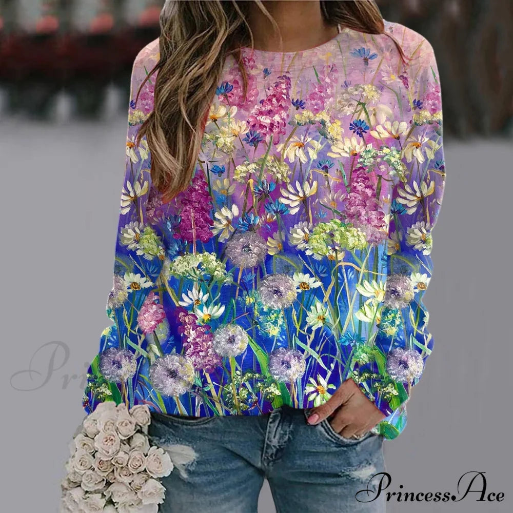 Sequins Butterfly 3D Printed O Neck Long Sleeve Sweatshirt 4-Blue / S