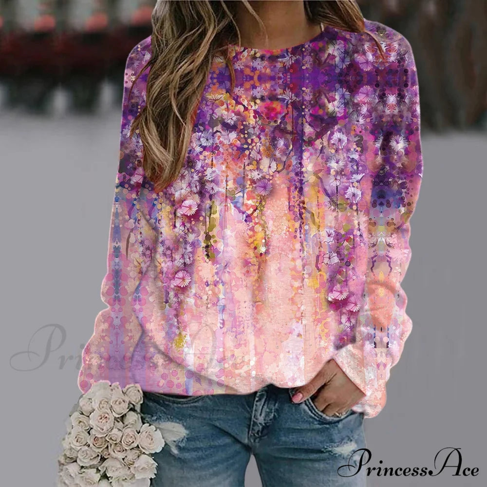 Sequins Butterfly 3D Printed O Neck Long Sleeve Sweatshirt 4-Pink / S