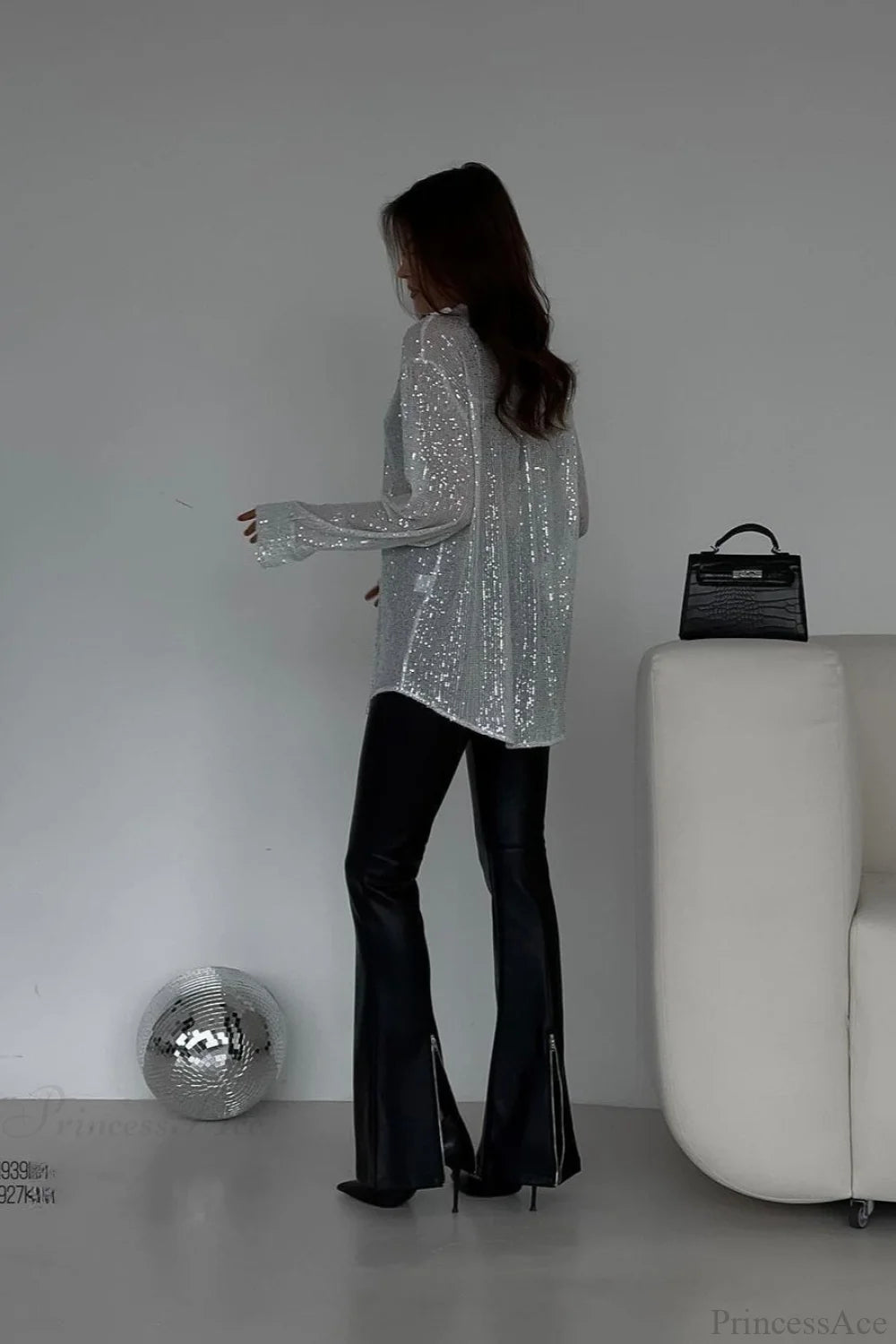 Sequins Long Sleeve Open Front Blouse