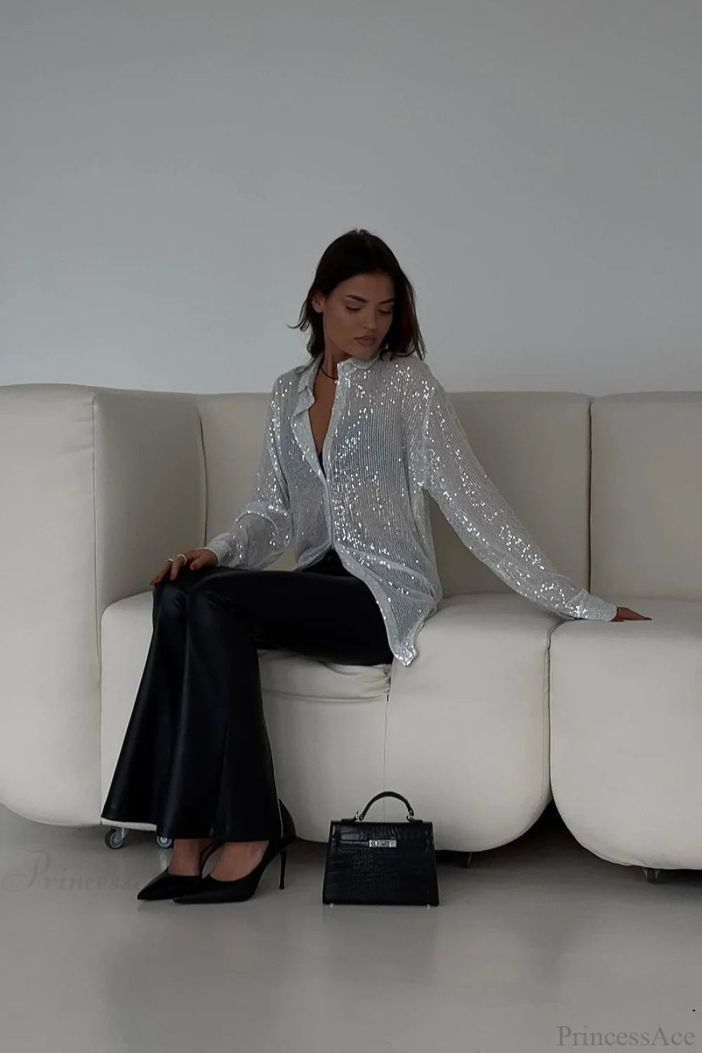 Sequins Long Sleeve Open Front Blouse