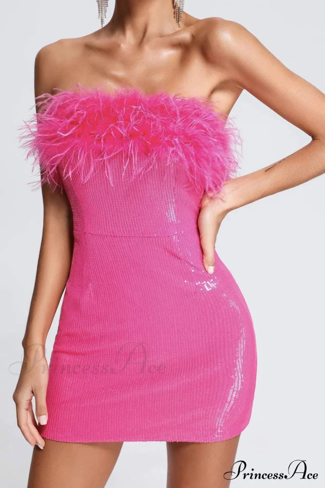 Sequins Pack Hip Dress With Fuzzy Strapless Design Rose / L Mini Dresses