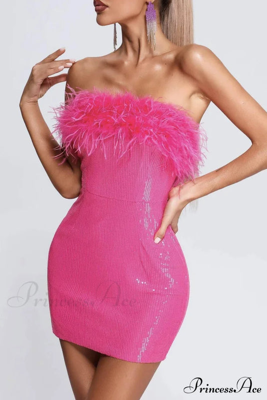 Sequins Pack Hip Dress With Fuzzy Strapless Design Rose / S Mini Dresses