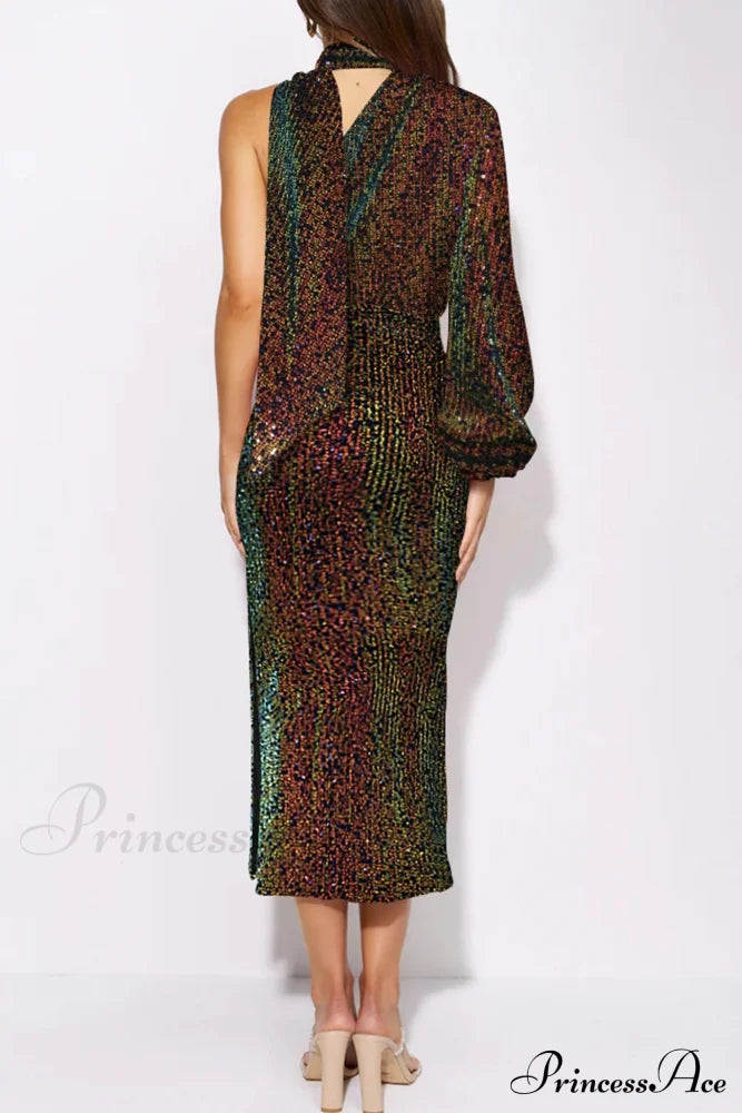 Sequins Scarf One Shoulder Dress With Slit Colorful / L Midi Dresses