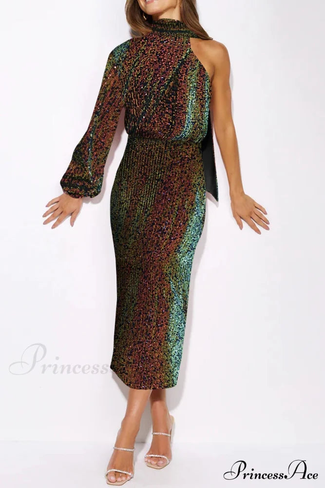 Sequins Scarf One Shoulder Dress With Slit Colorful / S Midi Dresses