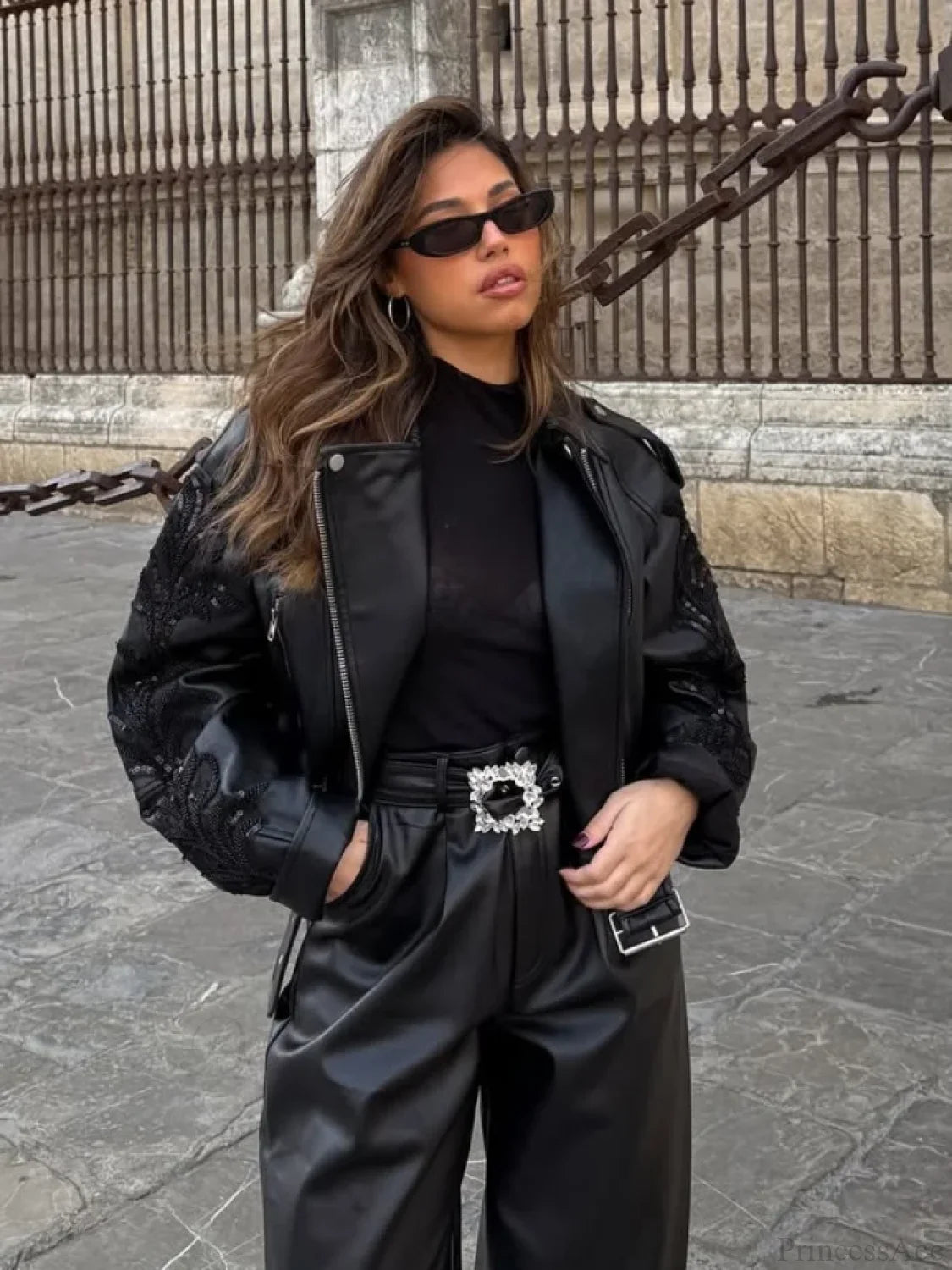 Sequins Shiny Belted Leather Coat