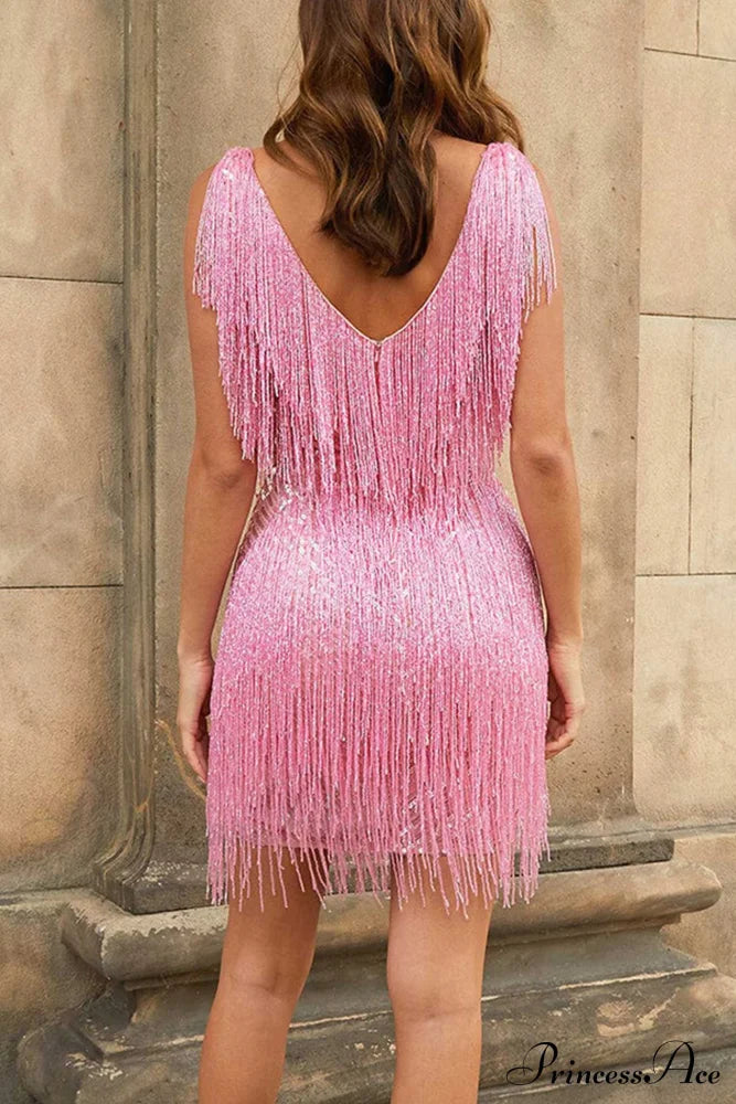 Sequins Tassel Tank Dress Pink / L Mini Dresses